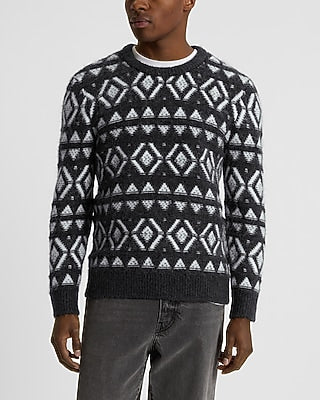 Express Men's Fair Isle Brushed Crew Neck Sweater in Charcoal Gray
