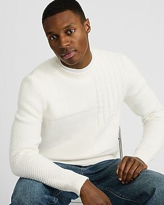 Express Men's Cotton-Blend Textured Patchwork Crew Neck Sweater in Chalk