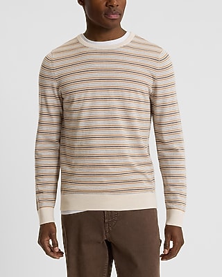 Express Men's Striped Crew Neck Merino Wool Sweater in Oyster