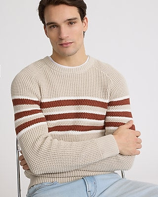 Express Men's Striped Waffle Knit Cotton Crew Neck Sweater in Warm Ivory