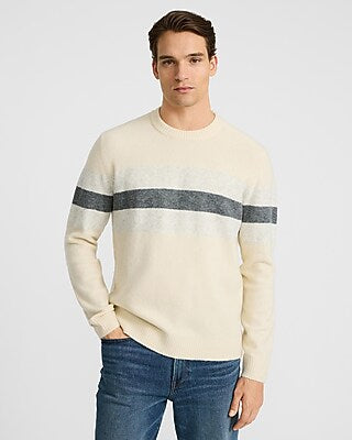 Express Men's Felted Varsity Striped Crew Neck Sweater in Neutral Small