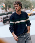 Express Men's Felted Varsity Striped Crew Neck Sweater in Navy