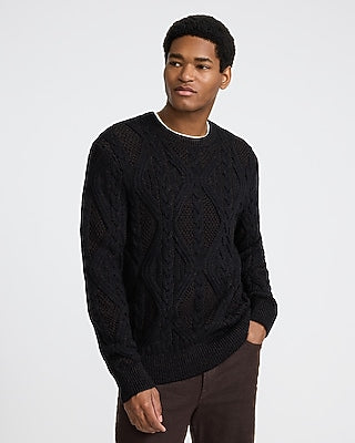 Express Men's Cable Knit Crew Neck Sweater in Black Small