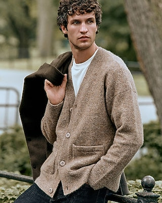 Express Men's Brushed Wool-Blend Double Pocket Oversized Cardigan in Neutral Small