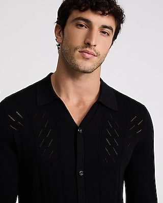 Express Men's Pointelle Cotton-Blend Sweater Polo in Pitch Black