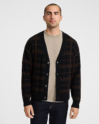 Express Men's Plaid Cable Knit V-Neck Cardigan in Pitch Black