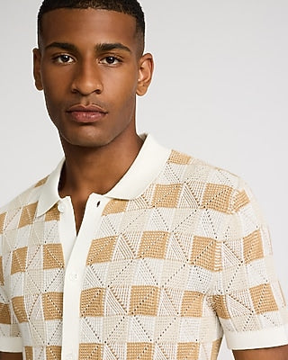 Express Men's Textured Check Cotton Short Sleeve Sweater Polo in Ivory