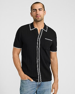Express Men's Textured Open Knit Tipped Cotton Sweater Polo in Black Small