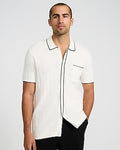 Express Men's Textured Open Knit Tipped Cotton Sweater Polo in Chalk