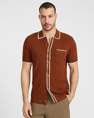Express Men's Textured Open Knit Tipped Cotton Sweater Polo in Brown Small