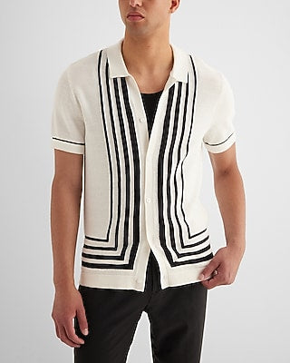 Express Men's Multi Line Framed Cotton Short Sleeve Sweater Polo in Chalk