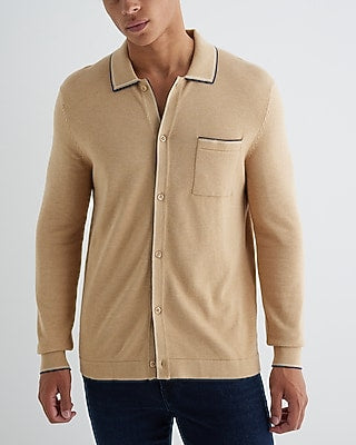 Express Men's Stripe Tipped Cotton-Blend Sweater Polo in Camel Heather