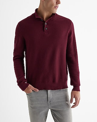 Express Men's Cotton Textured Stitch Buttoned Mock Neck Sweater in Wine