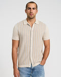 Express Men's Striped Cotton Short Sleeve Sweater Polo in Warm Ivory