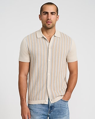 Express Men's Striped Cotton Short Sleeve Sweater Polo in Warm Ivory