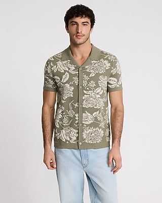 Express Men's Floral Cotton Short Sleeve Sweater Polo in Olive