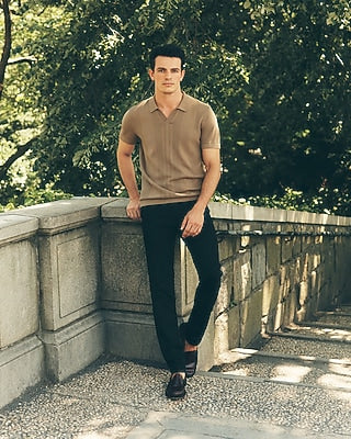 Express Men's Open Knit Pointelle Striped Short Sleeve Sweater Polo in Walnut