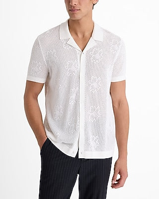 Express Men's Perforated Floral Short Sleeve Sweater Polo in Chalk
