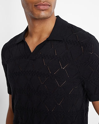 Express Men's Diamond Pointelle Cotton-Blend Johnny Collar Sweater Polo in Pitch Black