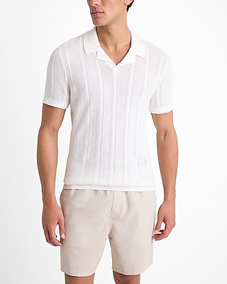Express Men's Open Cable Knit Cotton Short Sleeve Sweater Polo in Chalk