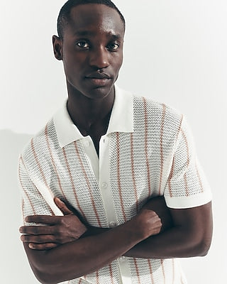 Express Men's Textured Striped Short Sleeve Sweater Polo in Peach