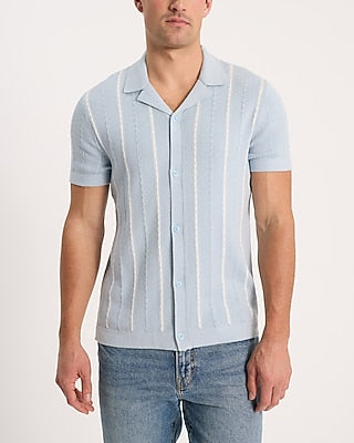 Express Men's Cable Knit Striped Cotton Short Sleeve Sweater Polo in Blue Small