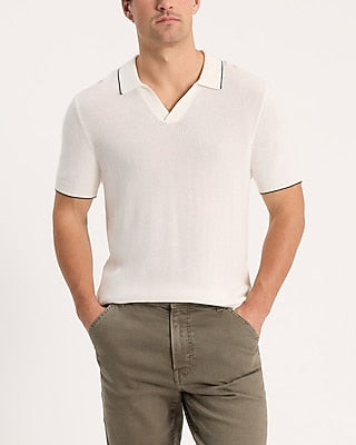 Express Men's Tipped Johnny Collar Perfect Pima Cotton Sweater Polo in Chalk