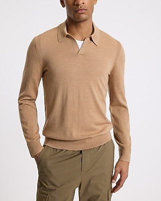 Express Men's Johnny Collar Merino Wool Sweater Polo in Tan