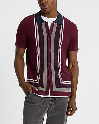 Express Men's Stripe Framed Cotton Short Sleeve Sweater Polo in Ruby