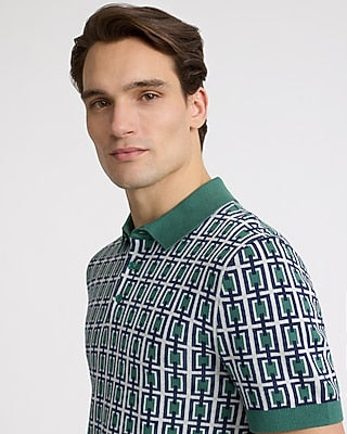Express Men's Rectangular Geo Cotton Short Sleeve Sweater Polo in Green