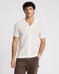 Express Men's Striped Cotton-Blend Short Sleeve Sweater Polo in Ivory