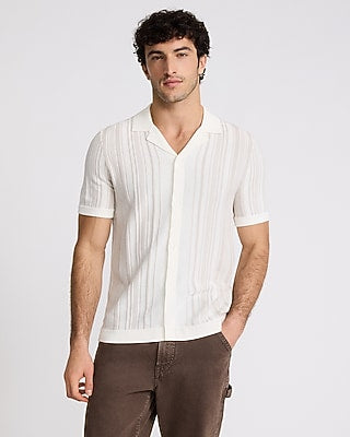 Express Men's Striped Cotton-Blend Short Sleeve Sweater Polo in Ivory