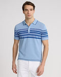 Express Men's Chest Striped Cotton-Blend Short Sleeve Sweater Polo in Glacier Blue