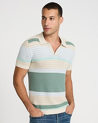Express Men's Striped Cotton Johnny Collar Sweater Polo in Warm Ivory