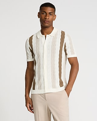Express Men's Textured Wavy Striped Cotton-Blend Short Sleeve Sweater Polo in White Small