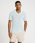 Express Men's Open Stitch Checkered Cotton-Blend Short Sleeve Sweater Polo in Light Blue