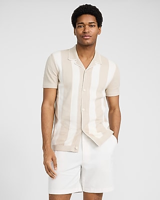 Express Men's Cotton Striped Camp Collar Sweater Polo in White Small