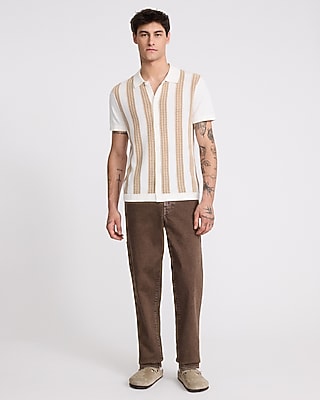 Express Men's Textured Striped Cotton Short Sleeve Sweater Polo in Ivory