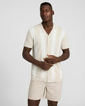 Express Men's Textured Striped Cotton Short Sleeve Sweater Polo in Warm Ivory