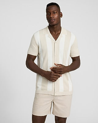 Express Men's Textured Striped Cotton Short Sleeve Sweater Polo in Warm Ivory