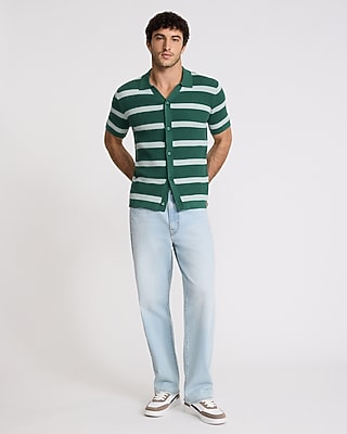 Express Men's Striped Cotton Short Sleeve Sweater Polo in Green Small