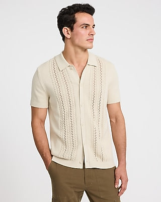 Express Men's Cable Knit Short Sleeve Sweater Polo in Warm Ivory