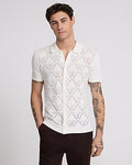Express Men's Geo Pointelle Cotton Short Sleeve Sweater Polo in Ivory