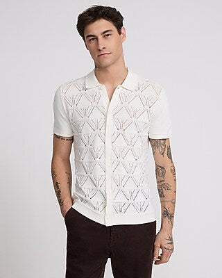 Express Men's Geo Pointelle Cotton Short Sleeve Sweater Polo in Ivory