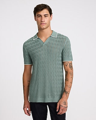 Express Men's Tipped Herringbone Johnny Collar Short Sleeve Sweater Polo in Calcite