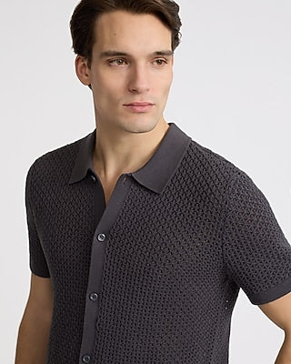 Express Men's Open-Stitch Cotton Short Sleeve Sweater Polo in Licorice Gray