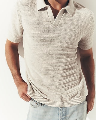 Express Men's Textured Boucle Short Sleeve Sweater Polo in Warm Ivory