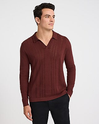 Express Men's Open Knit Cotton Johnny Collar Sweater Polo in Rum Raisin
