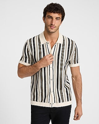 Express Men's Striped Cotton Short Sleeve Sweater Polo in Neutral Small