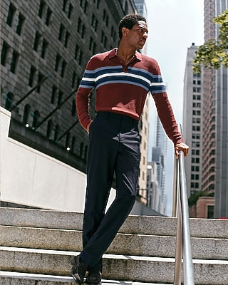 Express Men's Varsity Striped Textured Knit Sweater Polo in Rum Raisin